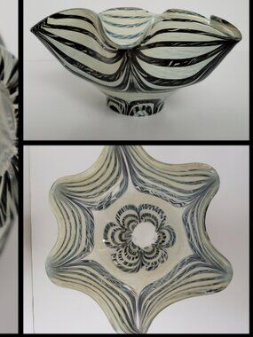 RARE STUNNING DESIGN Glass Bowl Ruffled Edge Brown & Ivory Striped Kaleidoscopic